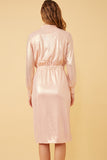 HK1274 Pink Womens Textured Iridescent Long Sleeve Wrap Dress Detail