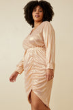 HK1274 Pink Womens Textured Iridescent Long Sleeve Wrap Dress Detail