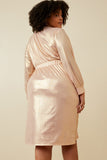 HK1274 Pink Womens Textured Iridescent Long Sleeve Wrap Dress Side