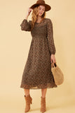 HK1326 Brown Womens Ditsy Print Smocked Bust Long Sleeve Dress Alternate Angle