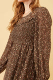 HK1326W BROWN Plus Ditsy Print Smocked Bust Long Sleeve Dress Gif