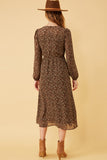 HK1326W BROWN Plus Ditsy Print Smocked Bust Long Sleeve Dress Detail