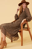 HK1326W BROWN Plus Ditsy Print Smocked Bust Long Sleeve Dress Back