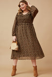 HK1326 Brown Womens Ditsy Print Smocked Bust Long Sleeve Dress Full Body