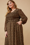 HK1326 Brown Womens Ditsy Print Smocked Bust Long Sleeve Dress Detail