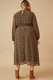 HK1326 Brown Womens Ditsy Print Smocked Bust Long Sleeve Dress Back