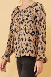 HK1333 Taupe Womens Abstract Print Cinch Cuff Buttoned Blouse Detail