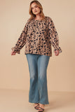 HK1333 Taupe Womens Abstract Print Cinch Cuff Buttoned Blouse Front