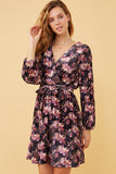 HK1348W NAVY Plus Floral Burnout Velvet Belted Wrap Dress Front