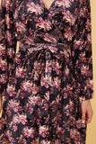 HK1348W NAVY Plus Floral Burnout Velvet Belted Wrap Dress Front