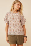 HK1350W BEIGE Plus Floral Print Velvet Knit Ruffle Sleeve Top Front