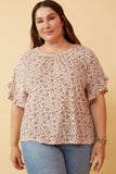 HK1350 Beige Womens Floral Print Velvet Knit Ruffle Sleeve Top Front