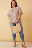 HK1350W BEIGE Plus Floral Print Velvet Knit Ruffle Sleeve Top Front