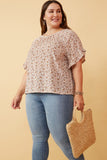 HK1350W BEIGE Plus Floral Print Velvet Knit Ruffle Sleeve Top Full Body