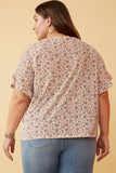 HK1350W BEIGE Plus Floral Print Velvet Knit Ruffle Sleeve Top Side