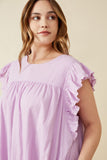 HK1375W LAVENDER Plus Textured Lace Trim Ruffle Sleeve Top Detail