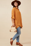 HK1390 Mustard Mix Womens Oversized Flowy Sleeve Button Up Shirt Full Body