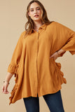 HK1390 Mustard Mix Womens Oversized Flowy Sleeve Button Up Shirt Front