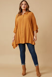 HK1390W Mustard Plus Oversized Flowy Sleeve Button Up Shirt Front