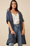 HK1438W Blue Plus Washed Textured Short Sleeve Kimono Front