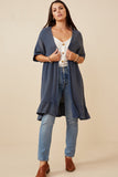 HK1438 Blue Womens Washed Textured Short Sleeve Kimono Full Body