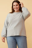 HK1443W GREY Womens Stripe Blocked Puff Sleeve Knit Top Front