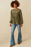 HK1449W Olive Plus Floral Embroidered Textured Peplum Top Detail