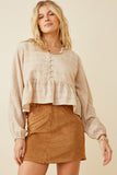 HK1550W BEIGE Plus Textured Stripe Dolman Cut Baby doll Button Up Top Front 2