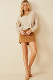 HK1550 BEIGE Womens Textured Stripe Dolman Cut Baby doll Button Up Top Full Body