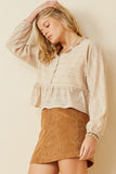 HK1550 BEIGE Womens Textured Stripe Dolman Cut Baby doll Button Up Top Side