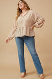 HK1550W BEIGE Plus Textured Stripe Dolman Cut Baby doll Button Up Top Gif