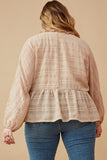 HK1550W BEIGE Plus Textured Stripe Dolman Cut Baby doll Button Up Top Detail