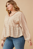 HK1550W BEIGE Plus Textured Stripe Dolman Cut Baby doll Button Up Top Back