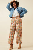 HK1595 Orange Mix Women Smock Waist Paisley Print Wide leg Pants Full Body