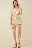 HK1635W Yellow Plus Floral Tie Back Pleated Leg Chiffon Romper Front