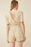 HK1635W Yellow Plus Floral Tie Back Pleated Leg Chiffon Romper Detail