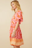 HK1808 Pink Womens Bordered Hem Floral Print V Neck Dress Full Body