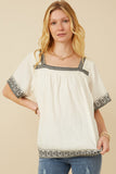 Cotton Slub Textured Embroidered Square Neck Top