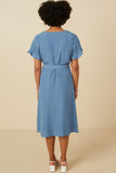 HK1837W Blue Womens Semi Shine Shadow Strip Tulip Sleeve Dress Detail