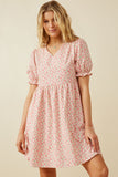 HK1839W Pink Plus Ditsy Floral Cinch Sleeve V Neck Dress Gif