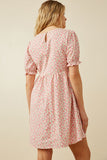 HK1839W Pink Plus Ditsy Floral Cinch Sleeve V Neck Dress Back