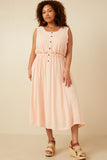 HK1857W Blush Plus Ruffle Waist Button Front Tank Dress Full Body