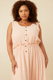 HK1857W Blush Plus Ruffle Waist Button Front Tank Dress Full Body