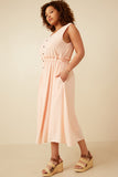 HK1857W Blush Plus Ruffle Waist Button Front Tank Dress Side