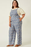 HK1858 BLUE Womens Txtured Floral Print Wideleg Overall Jumpsuit Side