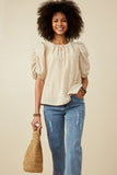 HK1893 Beige Womens Seersucker Textured Puff Sleeve Top Front