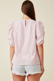 HK1893 Pink Womens Seersucker Textured Puff Sleeve Top Full Body