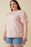 HK1893 Pink Womens Seersucker Textured Puff Sleeve Top Detail