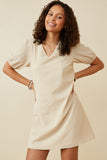 HK1894 Beige Womens Seersucker Texured V Neck Puff Sleeve Dress Front