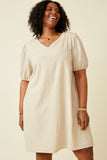 HK1894W Beige Plus Seersucker Texured V Neck Puff Sleeve Dress Front